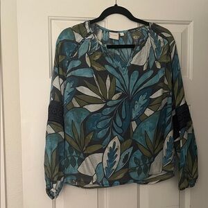 Zac & Rachel blue and green Leaf Print Blouse, polyester and rayon blend